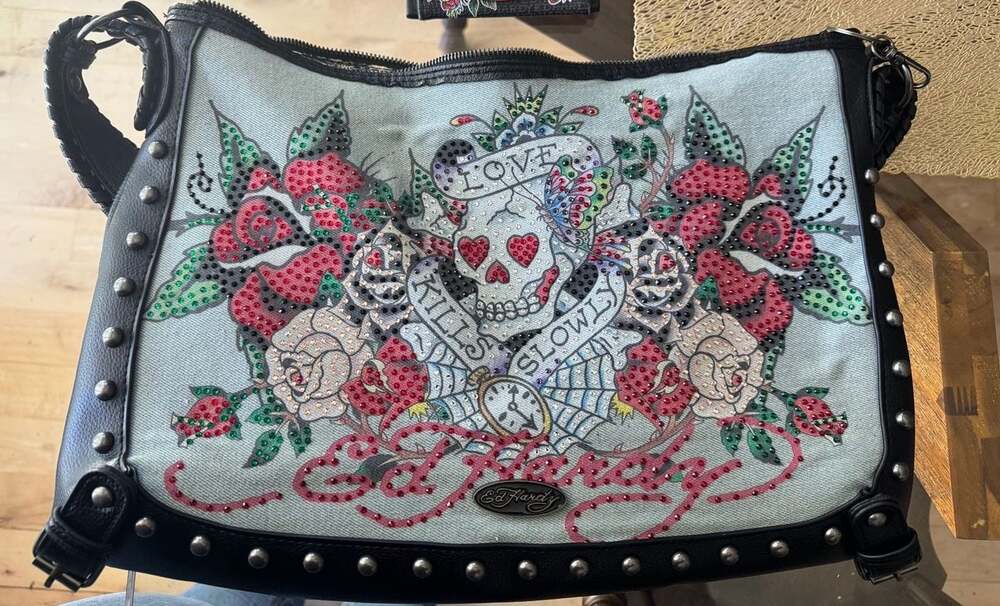 Ed Hardy Love Kills Slowly Denim Skull and Roses Studded Hobo Bag